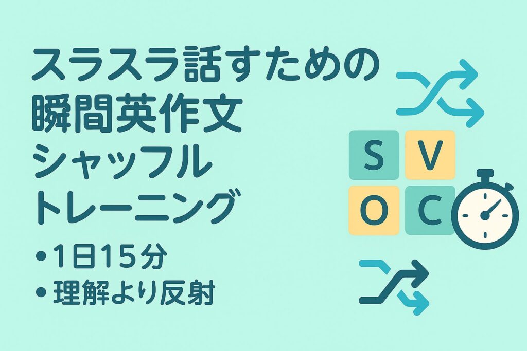 スラスラ話すための瞬間英作文シャッフルトレーニングのアイキャッチ。1日15分、理解より反射を鍛えるSVOCトレーニングのイメージ。